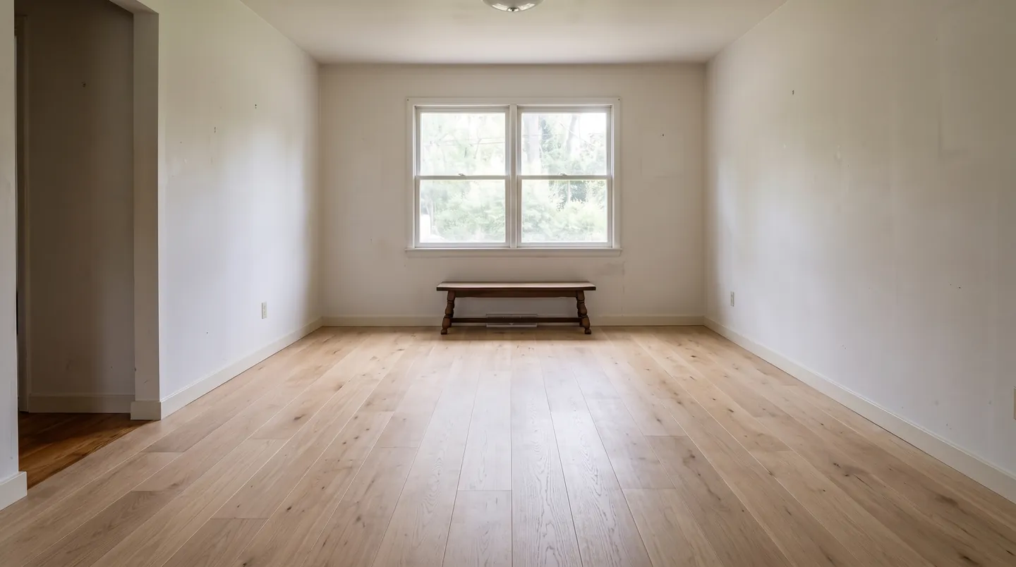 Empty room with a newly installed light oak floor in daylight
