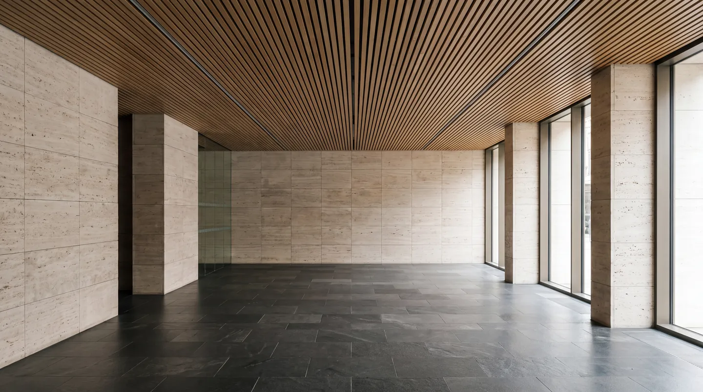 Gallery space with a dark slate floor and timber ceiling