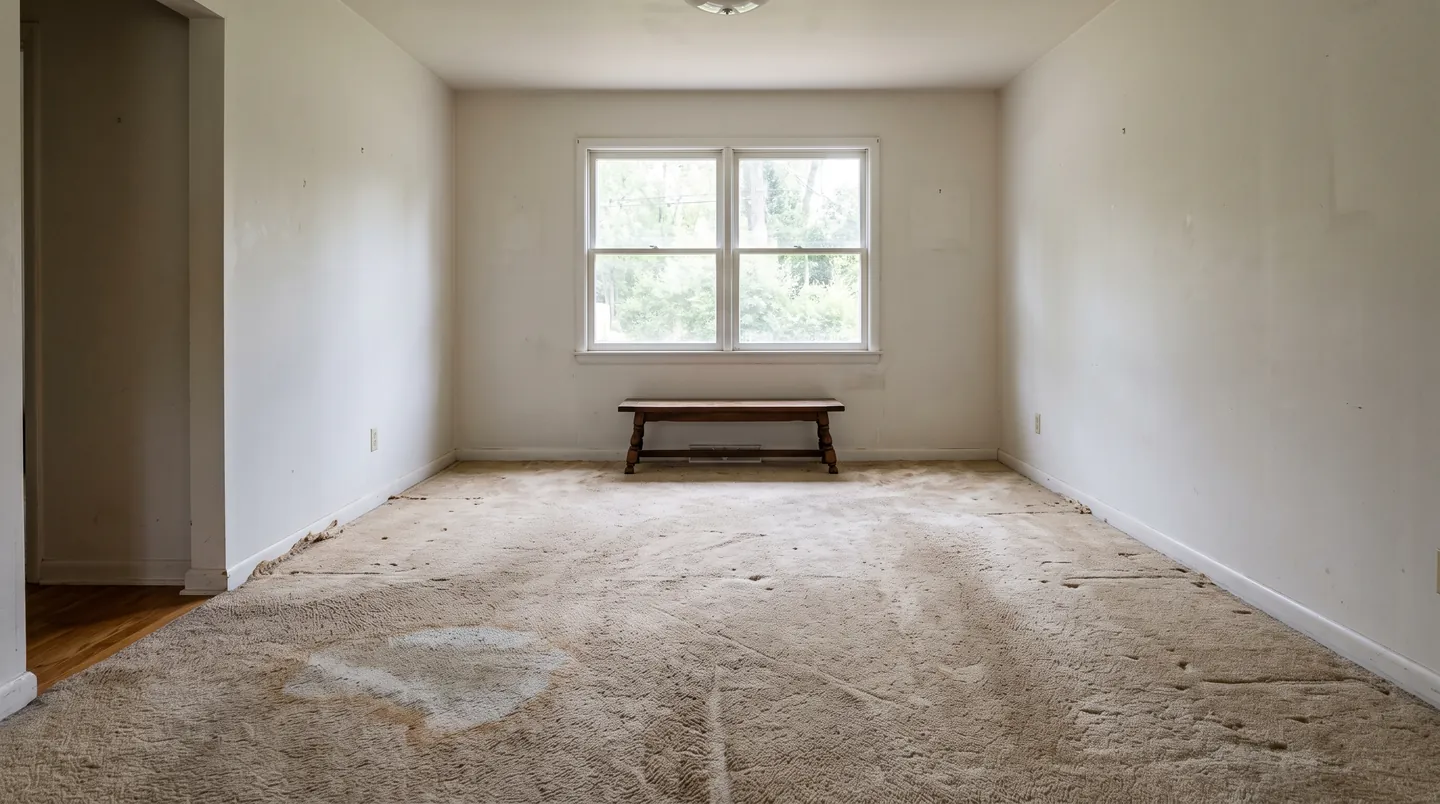 Room before replacement, with worn stained carpet