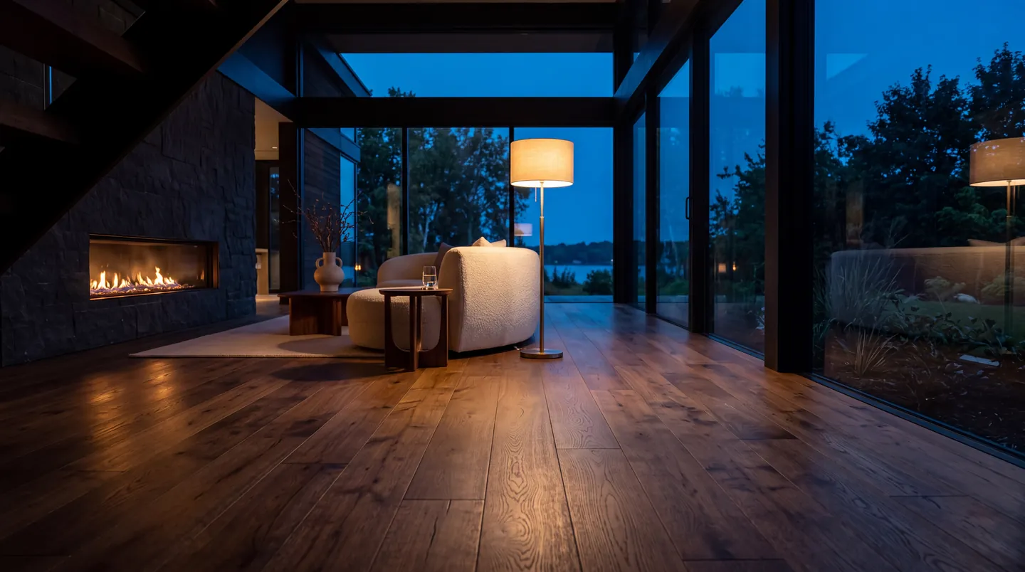 Smoked oak floor glowing in lamplight beside a fireplace at dusk