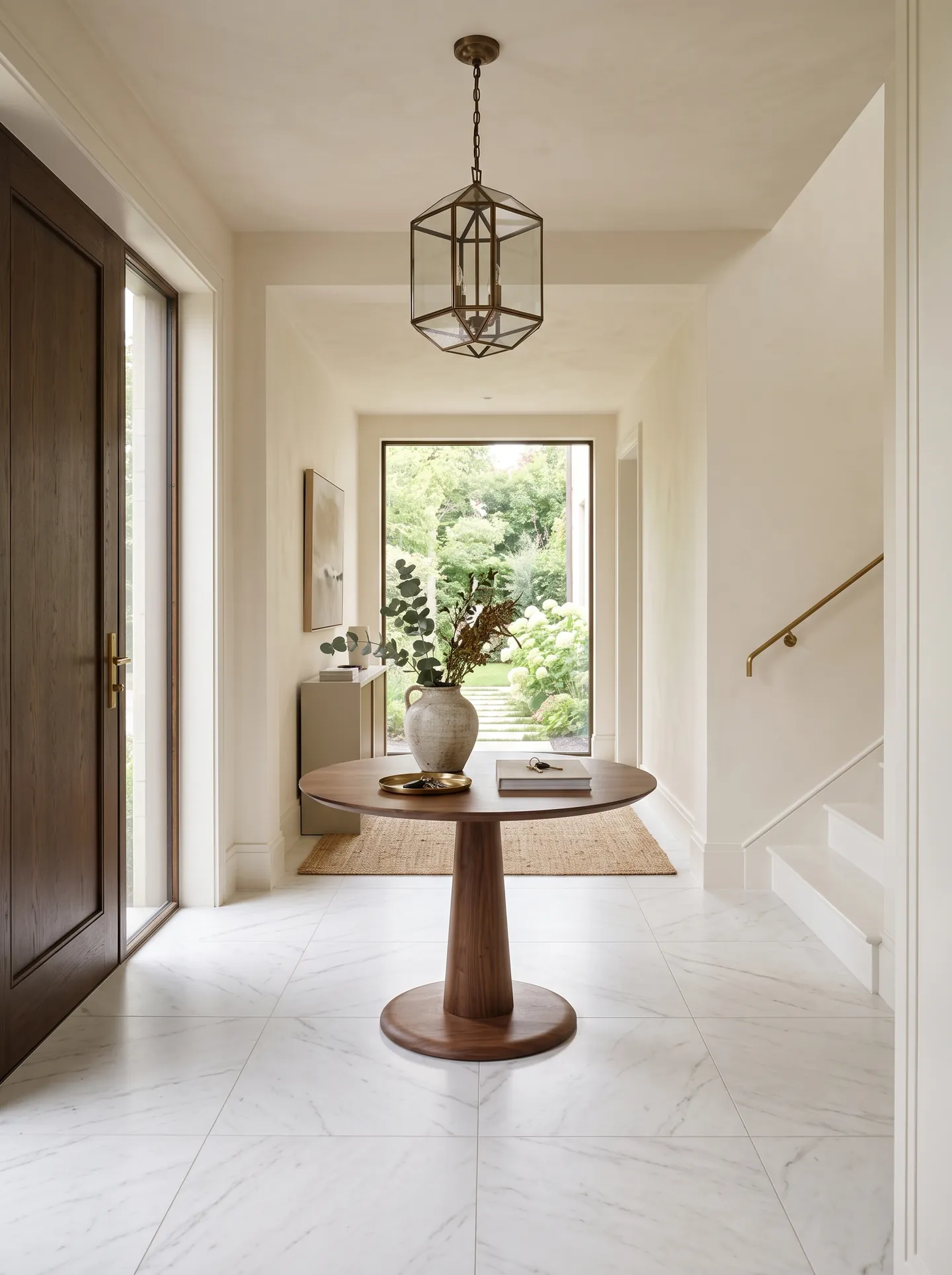 Bright entry hall with pale marble tile, a round walnut table and a stair rising to the right