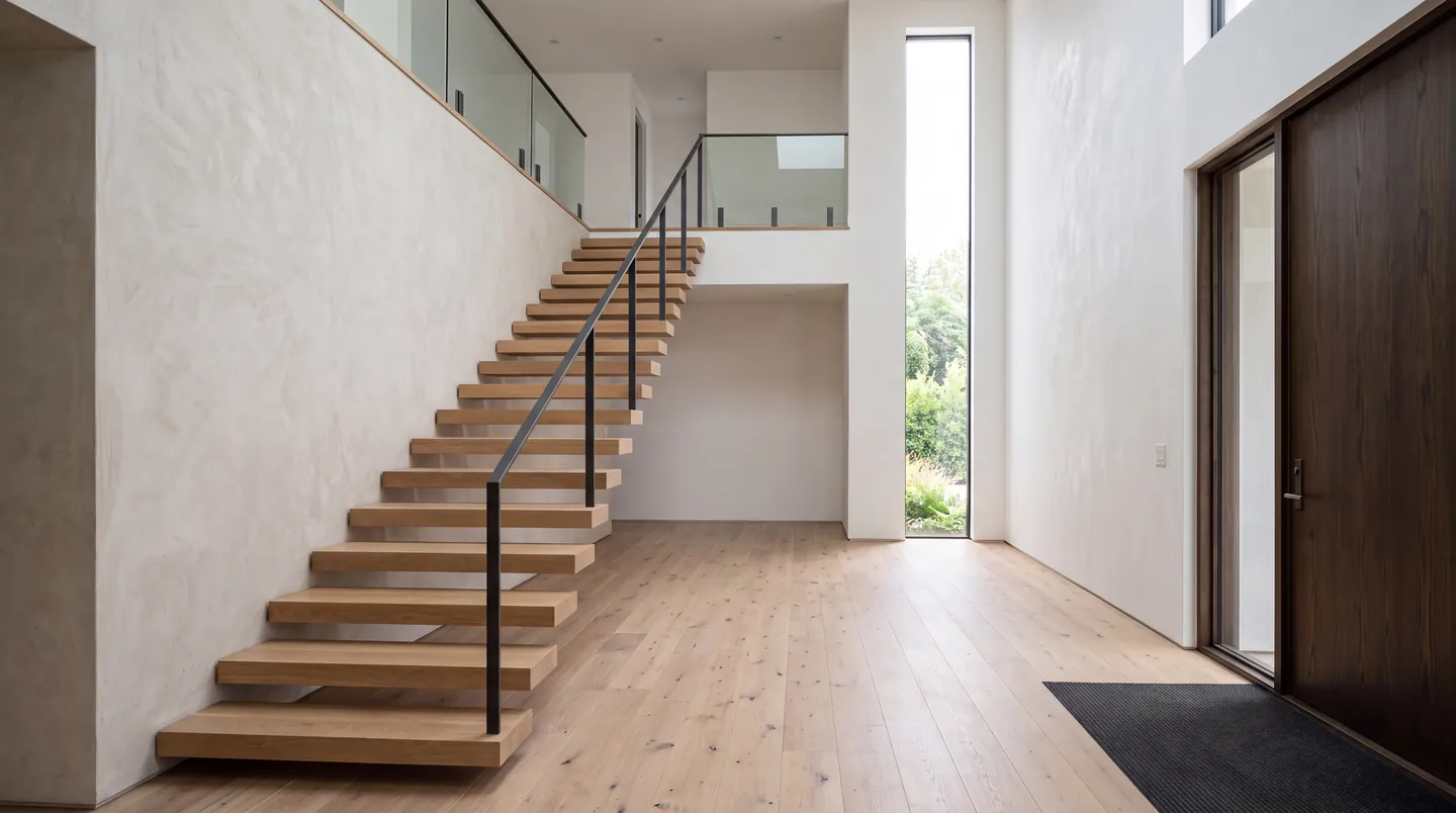 Floating white oak stair rising from a wide-plank oak floor