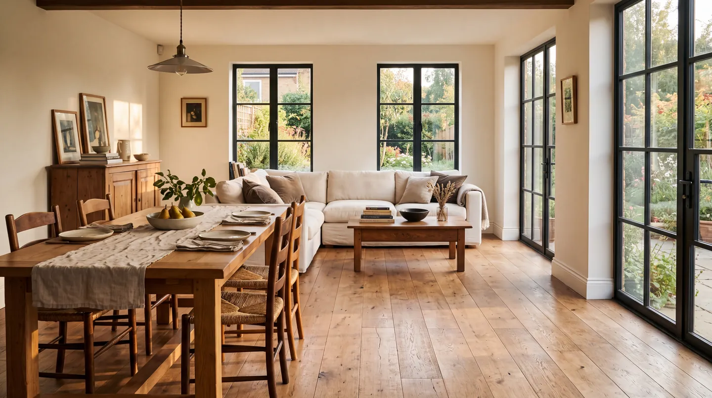 Warm oak floor running through a dining room and living room
