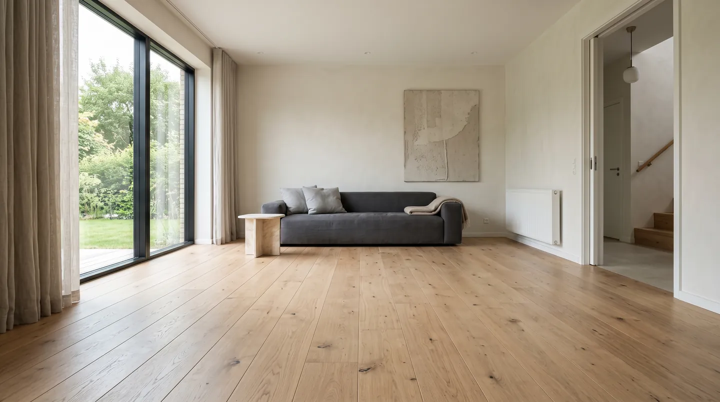The same living room with natural white oak flooring, illustrative render